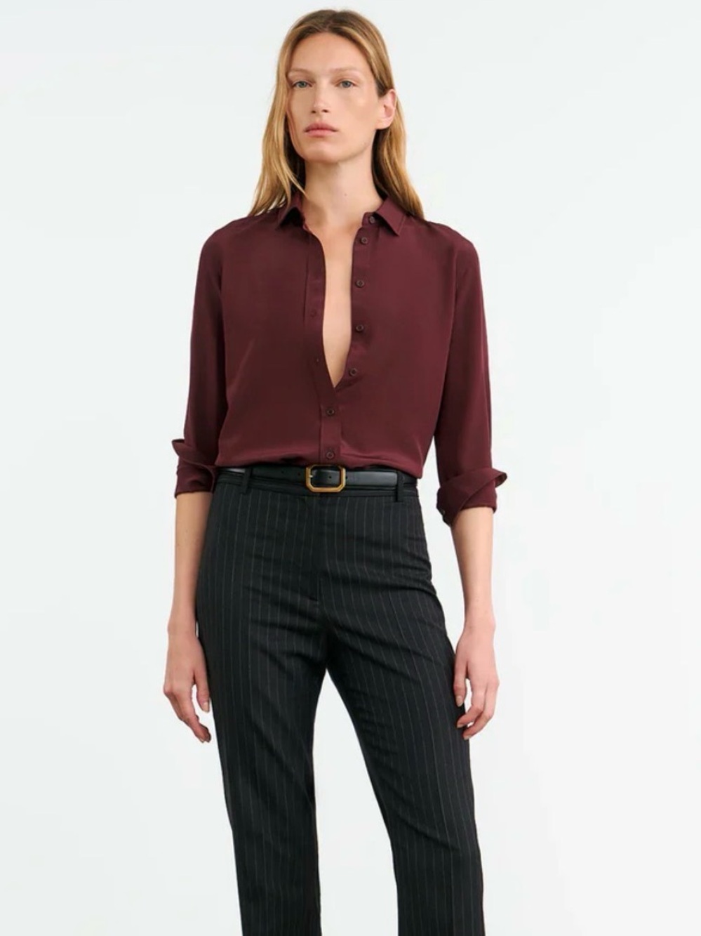 Nili Lotan Women S Gaia Top 100% Silk Crepe De Chine Claret Button Up Minimalist